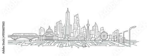 Smart city technology skyline with circuit board foreground for futuristic tech poster header and background design