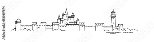 Medieval coastal castle and lighthouse line art background for design, poster, banner, website header and nautical concept