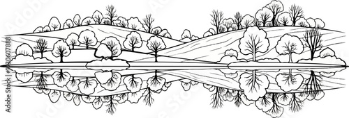 Stylized landscape with rolling hills, trees, and a reflective body of water