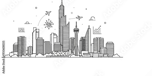 Stylized line art depicting a modern city skyline with air travel and data