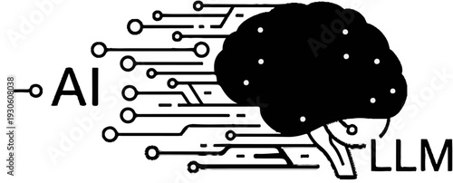 Stylized brain with circuit lines and 'AI LLM' text