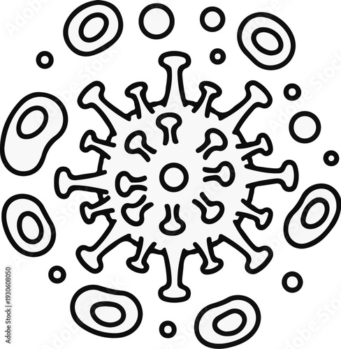 Stylized illustration of a virus particle and red blood cells