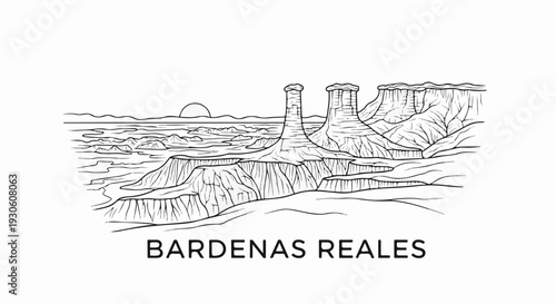 Stylized line art depicting a vast desert landscape with eroded rock formations and a setting sun