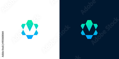 Modern abstract geometric logo design with hexagonal elements in gradient colors on white and dark backgrounds, representing technology or innovation