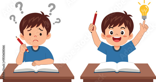 Cute cartoon boy studying with confused and idea expression, learning success concept illustration isolated on white background