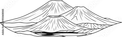 Stylized line art depicting three conical mountains and a body of water