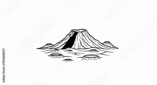 Stylized illustration of a volcano and craters in a barren landscape
