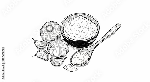 Stylized drawing of garlic, minced paste in bowl and spoon