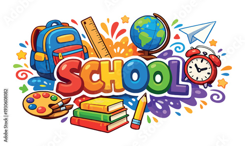 Back to school colorful school collage with backpack globe books pencil paint palette and alarm clock for design card poster background