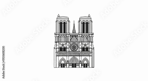 Stylized line art drawing of a grand cathedral facade with twin towers