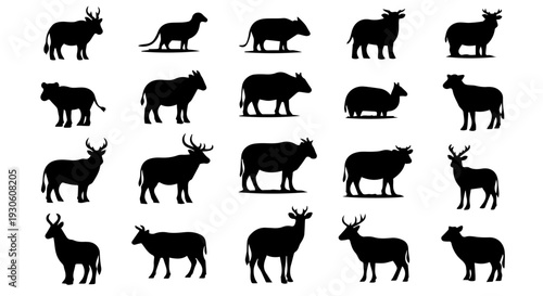 Collection of diverse animal silhouettes, featuring cattle, deer, and sheep in various poses