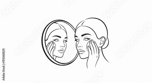 Stylized illustration of a woman applying makeup to her face using a mirror