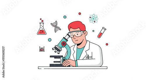 A scientist in a white lab coat examines a sample through a microscope surrounded by laboratory equipment and various scientific symbols.