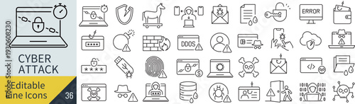 線の編集ができるサイバー攻撃に関するアイコンセット（アウトライン化していない）
