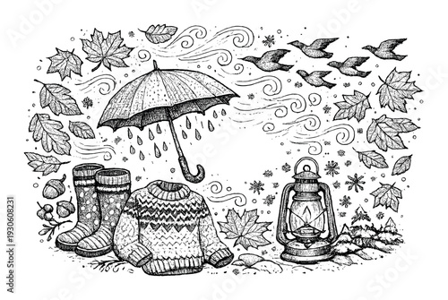 Autumn november doodle transition with umbrella falling leaves sweater boots and lantern for seasonal design card poster background