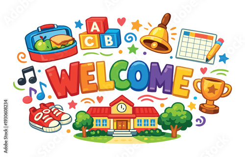 Colorful welcome school banner with lunchbox, abc blocks, bell and school building for back to school design, poster, card, background