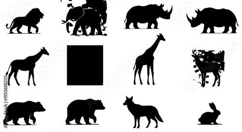 Conceptual Grid of Wild Animal Silhouettes Depicting Nature's Diversity with Abstract Interruptions and Bold Negative Space Elements in Monochrome Design