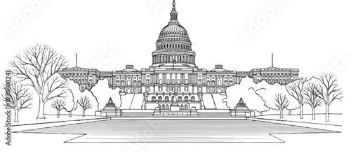 Stylized line drawing of a grand capitol building with dome and trees