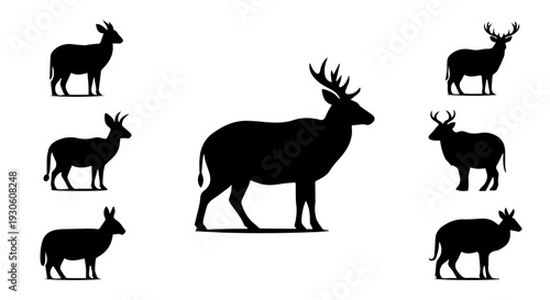 Collection of diverse deer, stag, and various horned animal silhouettes in elegant black, perfect for nature-themed graphic designs and wildlife-inspired projects