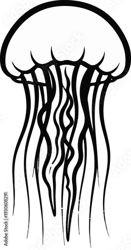 Stylized line art illustration of a jellyfish with long, flowing tentacles