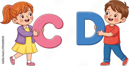 Cute cartoon children holding alphabet letters C and D, preschool learning and early education concept illustration isolated background