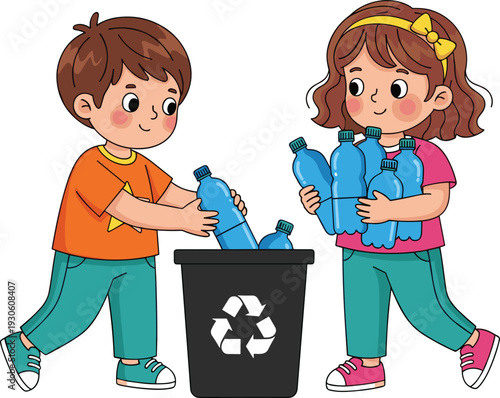 Cute cartoon children recycling plastic bottles in bin, environmental protection and sustainability concept illustration isolated on white background