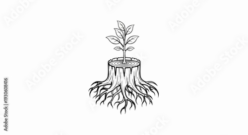 Stylized illustration of a young plant growing from a tree stump