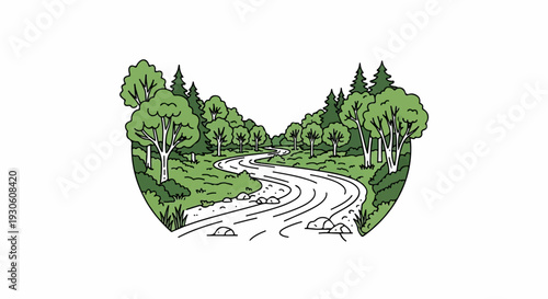 Stylized illustration of a winding river flowing through a forest