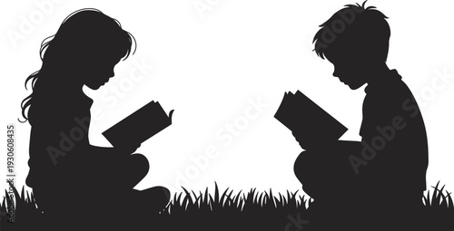 Two children silhouetted sitting on grass reading books with focused expressions in a peaceful outdoor setting