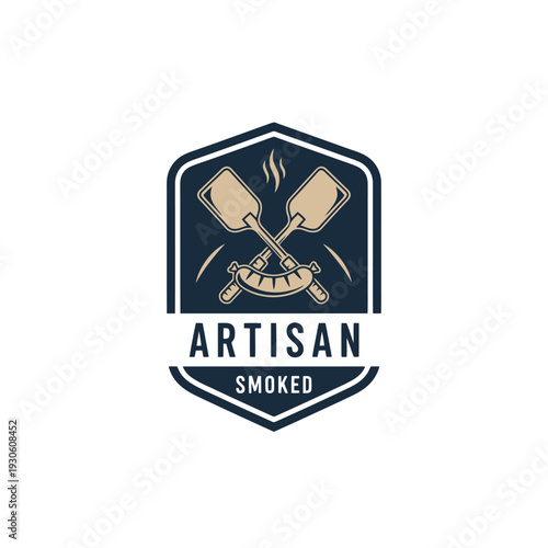 Artisan Smoked Logo - Crossed spatulas and sausage, perfect for branding.