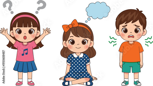 Cute cartoon children showing different emotions confused thinking and scared expressions illustration isolated on white background