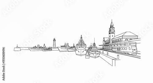 Stylized line drawing of a harbor with boats and a train station