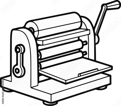 Stylized line drawing of a manual roller press with a handle and multiple rollers