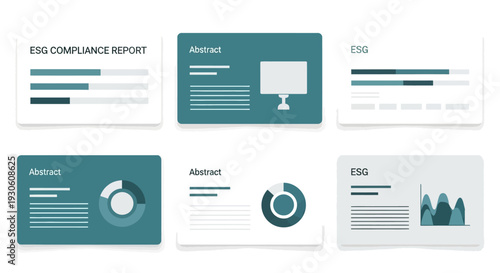 Visualizing ESG compliance reports and business data analysis through diverse charts, graphs, and metrics for corporate insights.