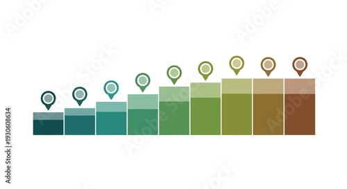 Visualizing progress with ascending data bars, each marked by a location pin; an infographic illustrating growth and sequential steps.