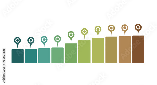 Infographic showing a progressive bar chart with location pins, illustrating sequential growth, development stages, and a project timeline.