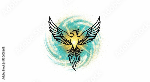 Stylized phoenix with outstretched wings, radiating golden light against a swirling turquoise backdrop