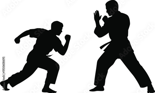 Two martial arts practitioners engaged in combat training silhouettes demonstrating dynamic poses and focused intensity in a stark black and white representation of discipline and physical exertion