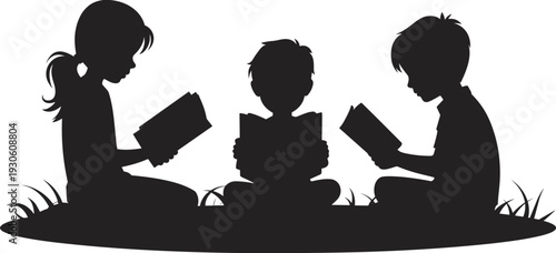 Three children silhouetted sitting on grass reading books with focused expressions in a peaceful outdoor setting