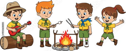 Cute cartoon kids camping around campfire roasting marshmallows and playing guitar, scout children outdoor adventure illustration isolated background