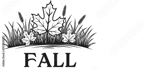 Stylized illustration of autumn foliage and grass with the word "FALL