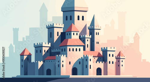 Stylized pixel art castle with layered towers and ramparts