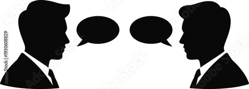 Two silhouetted men in suits facing each other with speech bubbles indicating conversation or dialogue exchange
