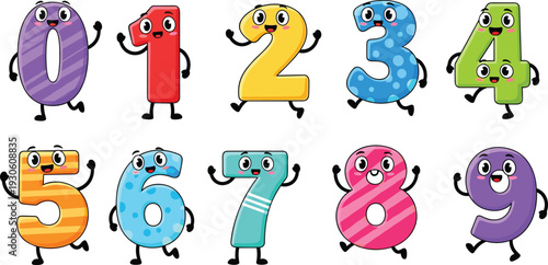 Cute cartoon numbers 0 to 9 characters set, colorful funny math digits illustration isolated on white background