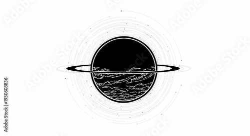 Stylized planet with rings and orbital particles against a white background