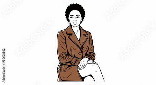 Stylized portrait of a Black woman with an afro, wearing a brown coat