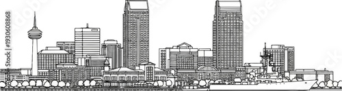 Stylized line drawing of a modern city skyline with a tower, ships, and trees