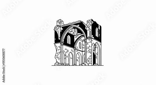 Stylized illustration of crumbling stone gothic church ruins, interior visible