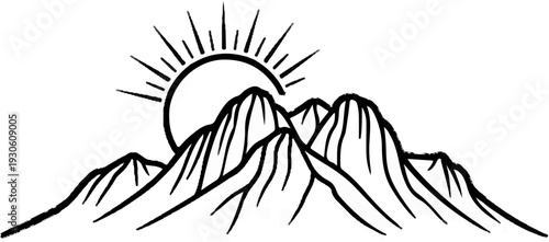 Stylized sun rising over jagged mountain peaks in a black and white sketch