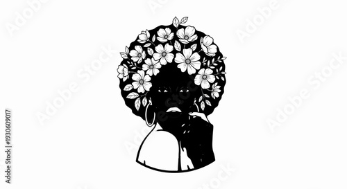 Stylized portrait of a woman with an afro adorned with flowers, black and white